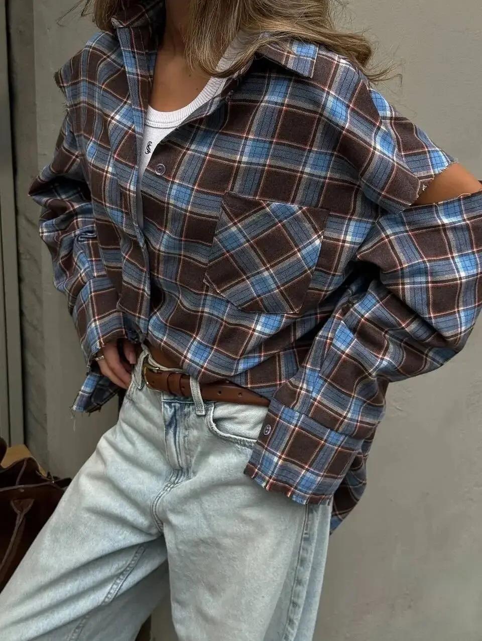 Chemise à motif à carreaux tendance pour femmes, élégante, col à revers, manches longues, simple bou