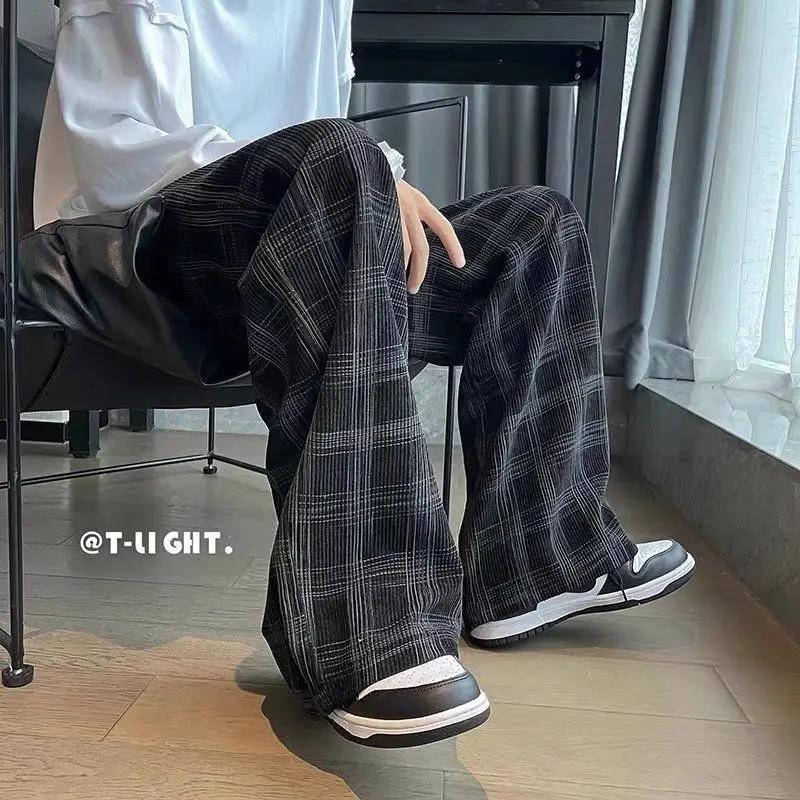 Printemps été velours côtelé Vintage Plaid pantalon hommes Streetwear jambe large Baggy pantalon Har