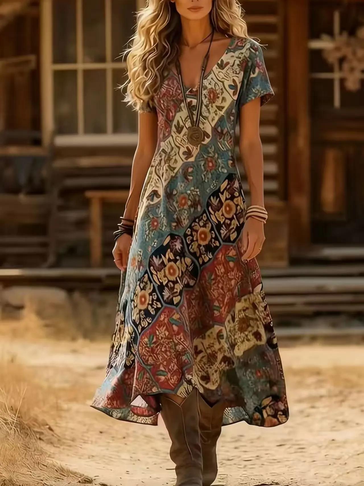 Robe grande taille pour femme, style rétro, col en V, nouvelle collection printemps-été