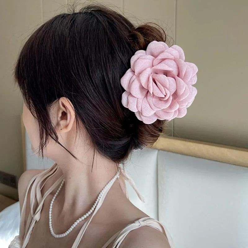 Pinces à cheveux en tissu français pour femmes et filles, pinces à cheveux fleur rose, épingles à ch