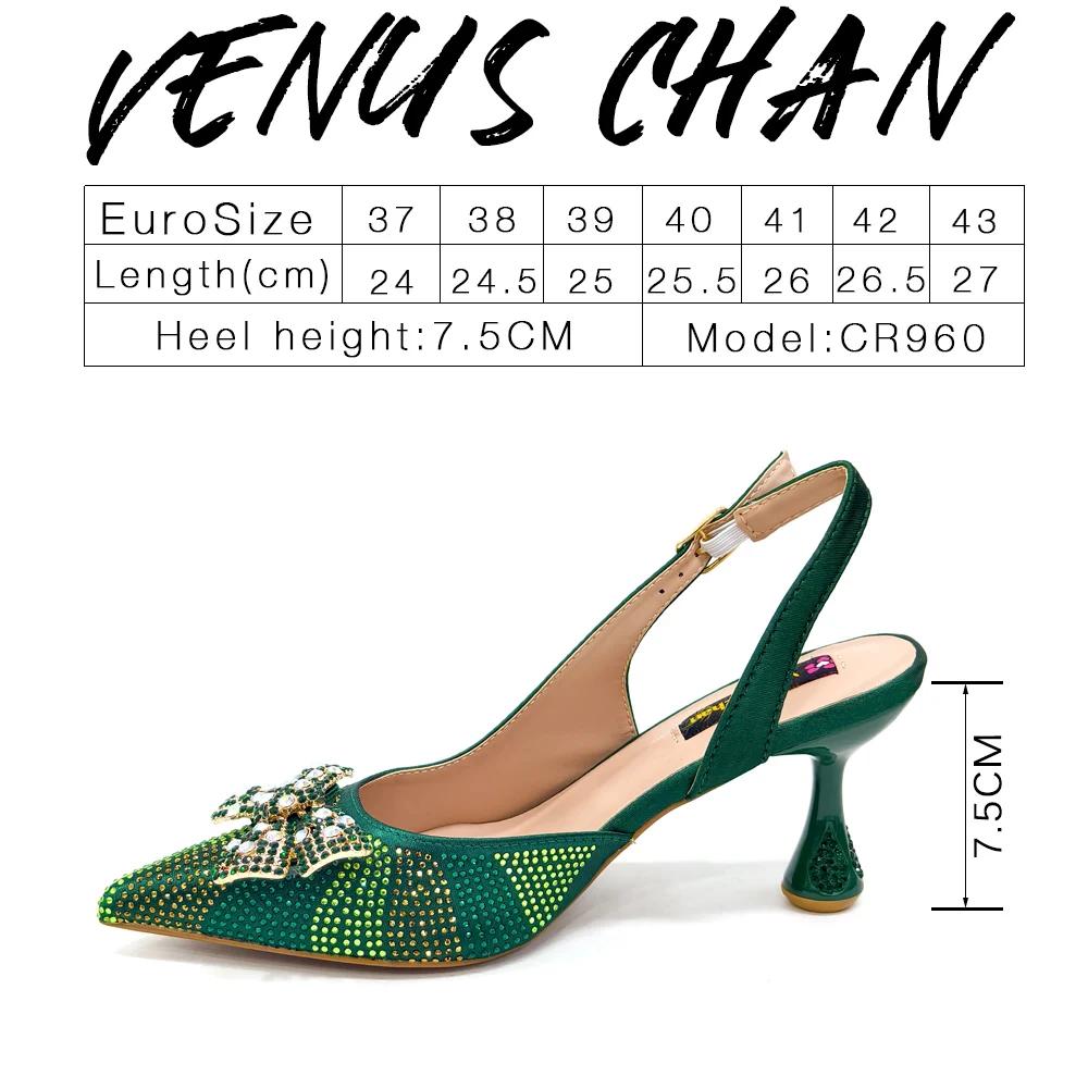 Venus Chan – chaussures et sacs à talons hauts pour femmes, couleur verte, bout pointu, strass, soir