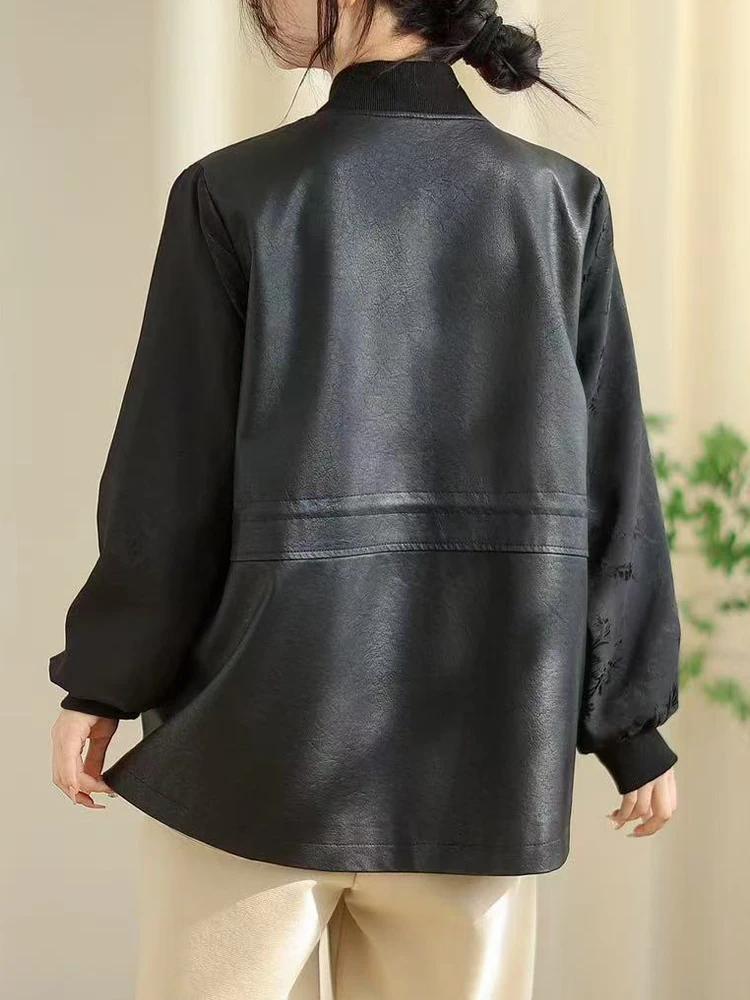 Amax LuluE chinois 2025 automne dames mode Patchwork Faux cuir vestes femmes ample col en V PU mante