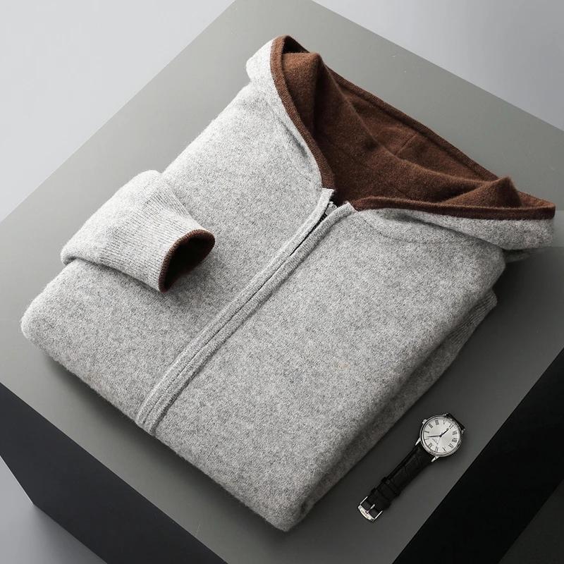 Épais à capuche hommes fermetures éclair Pure laine pull Cardigan automne hiver 100% laine tricots D