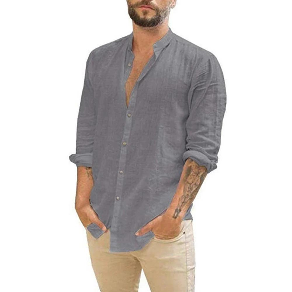 Chemises à manches longues pour hommes, en coton et lin, couleur unie, col montant, décontracté, Sty