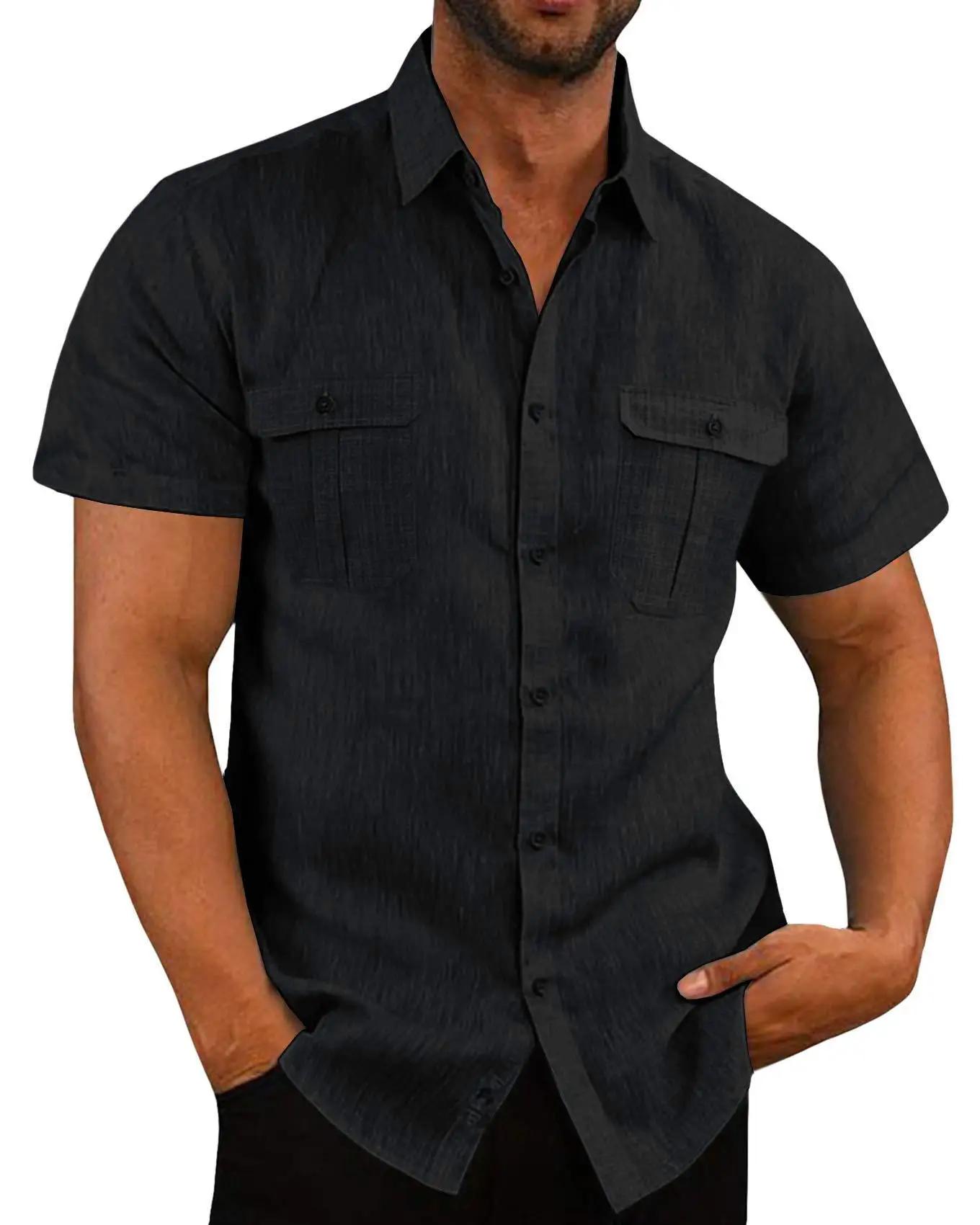 Chemises à manches courtes pour hommes en coton et lin, vente chaude, couleur unie, col confortable,