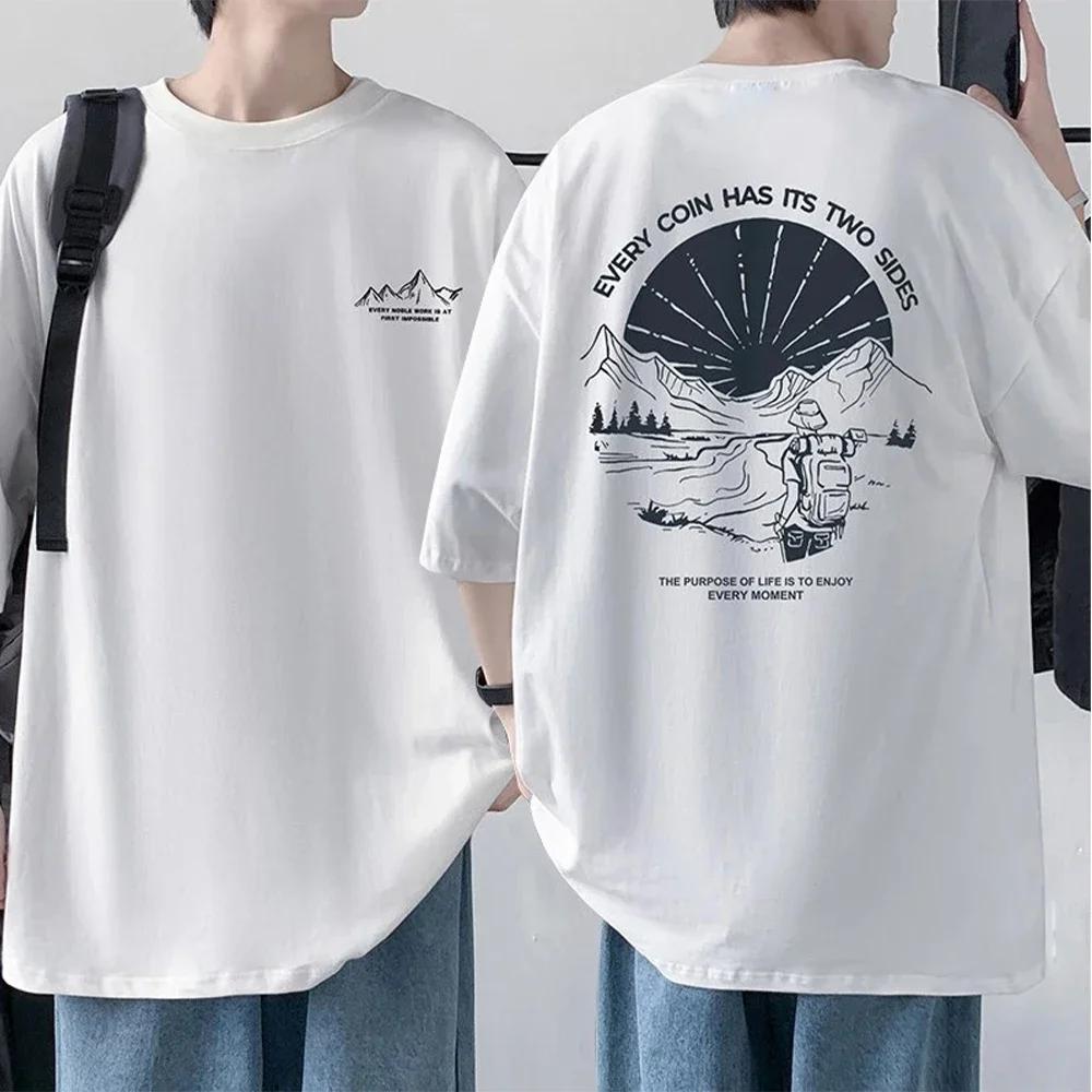 T-shirt en coton imprimé à manches mi-longues pour hommes, t-shirts décontractés à col rond, devant 