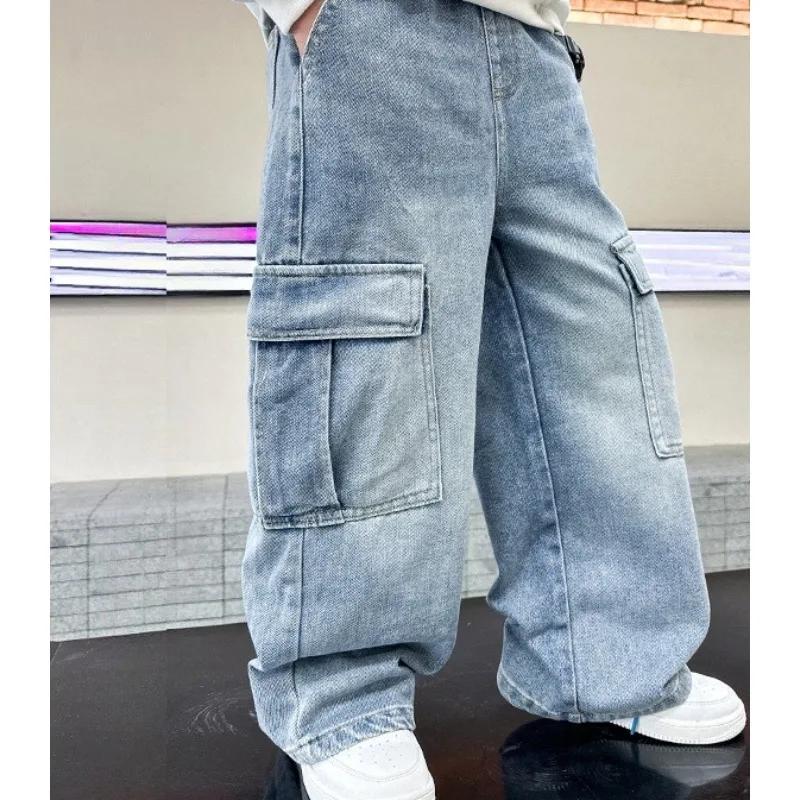 Pantalons cargo en denim pour garçons, mode printemps-automne, jeans décontractés pour enfants et ad
