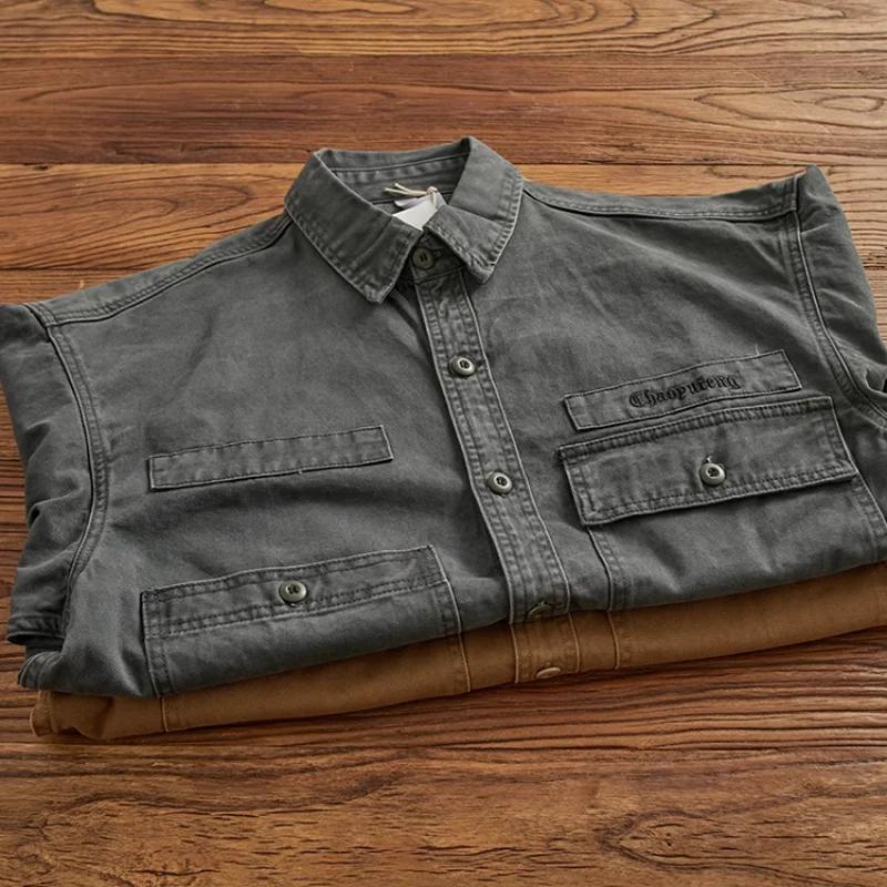 Chemise rapcargo à manches longues pour hommes, chemise rétro pour hommes, pur coton, manteau décont