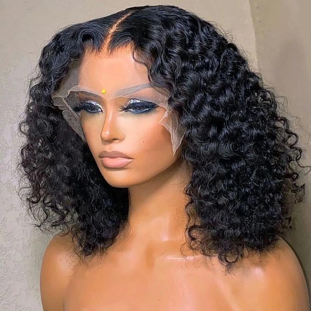 Perruque BOB Lace Front Wig naturelle bouclée, cheveux humains, 13x4 HD, pre-plucked, transparente, 