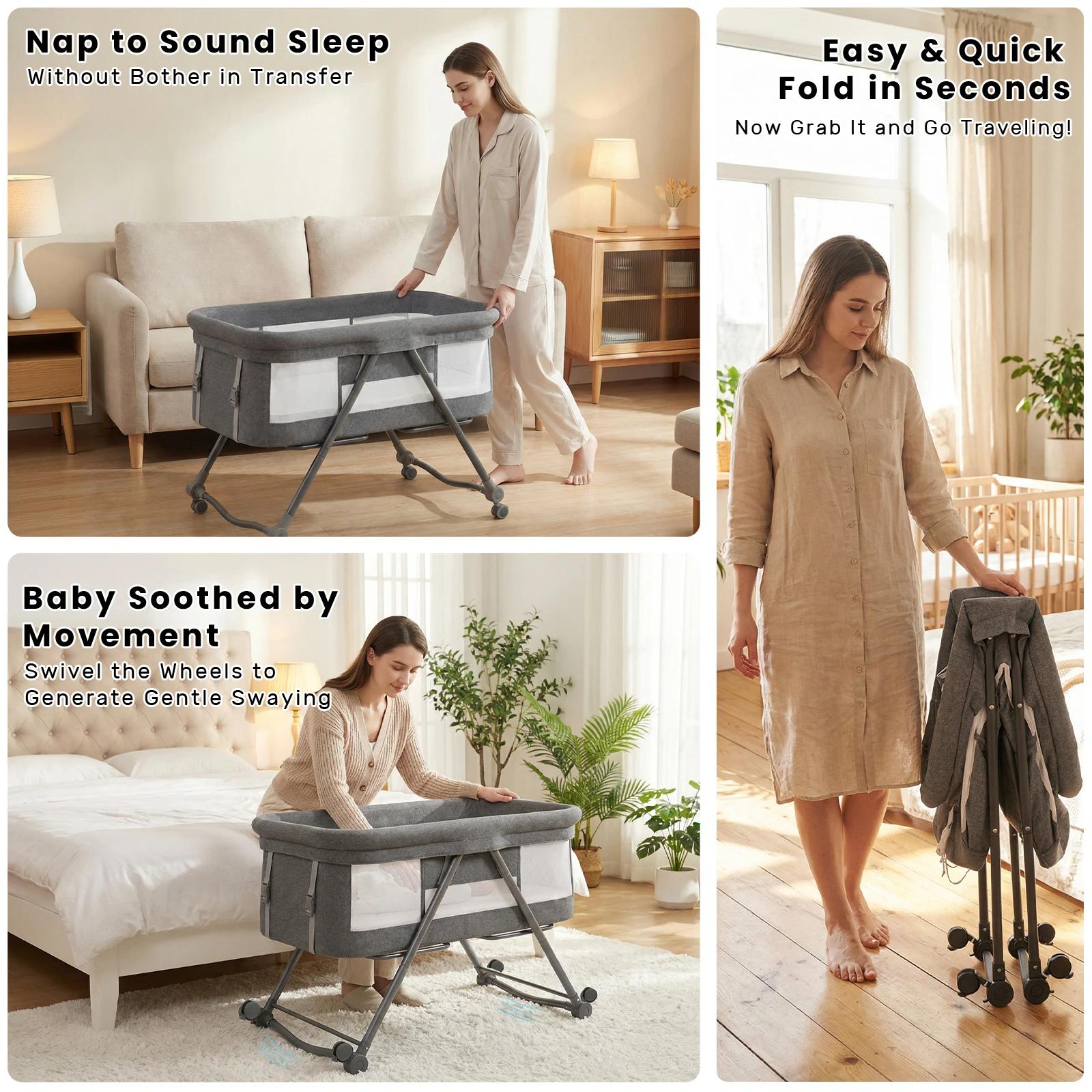 Lit de voyage convertible 4-en-1 pour bébé – Berceau à bascule avec roues silencieuses, design pliab
