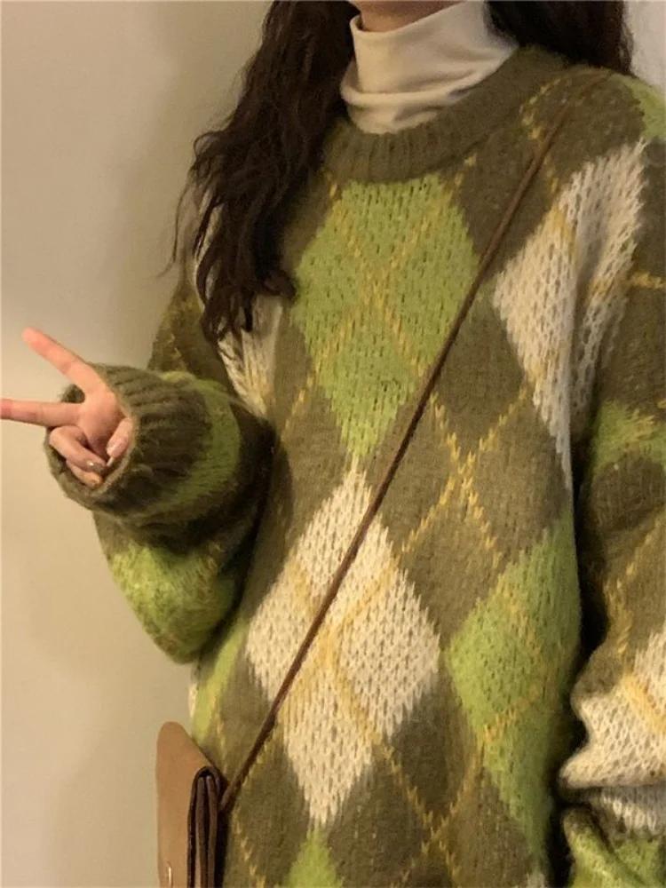 Pull Baggy Rétro Vert pour Femme, Vêtement Confortable et Minimaliste, Style BF, Argyle, Décontracté