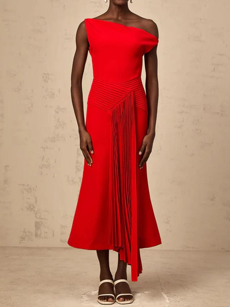 TWOTWINSTYLE – robe mi-longue élégante et amincissante pour femmes, couleur unie, col diagonal, épau