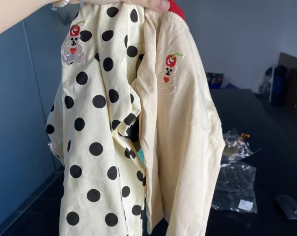 T-shirt d'été pour enfants, mignon, ondulé, à pois, petit ours brodé, vêtements pour enfants