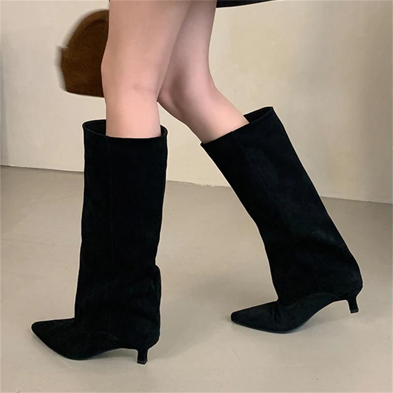 Automne hiver Style De rue bout pointu bottes hautes femmes talons bas chaussures femme chaussons lo