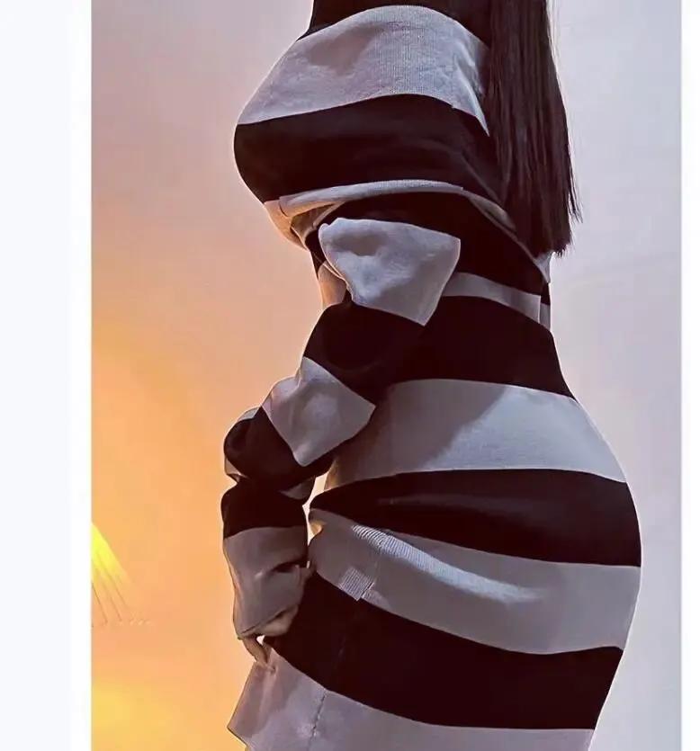 Mini robe moulante rayée pour femmes, col bateau, épaules dénudées, manches longues, courte, envelop
