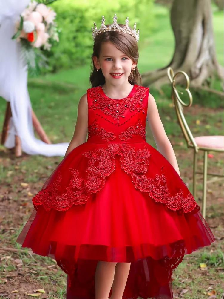Robe cérémonie fille dentelle perles 2026 - Tenue princesse brodée toutes saisons enfants