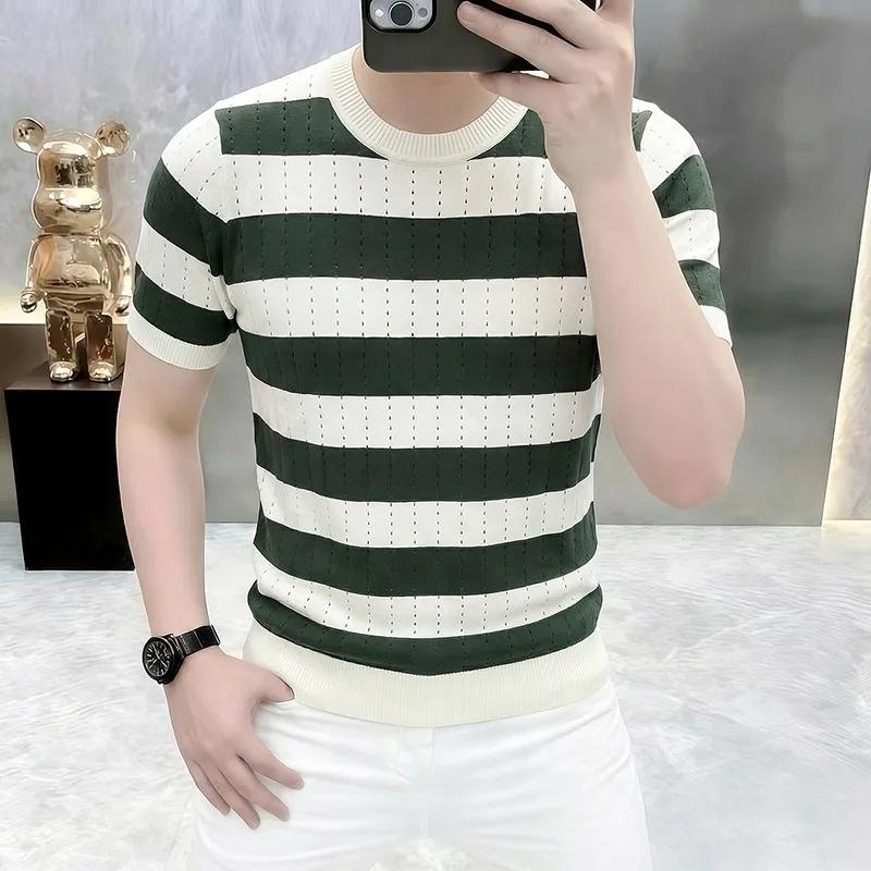T-shirt en maille de soie glacée style britannique pour homme, rayé, à manches courtes, col rond, co