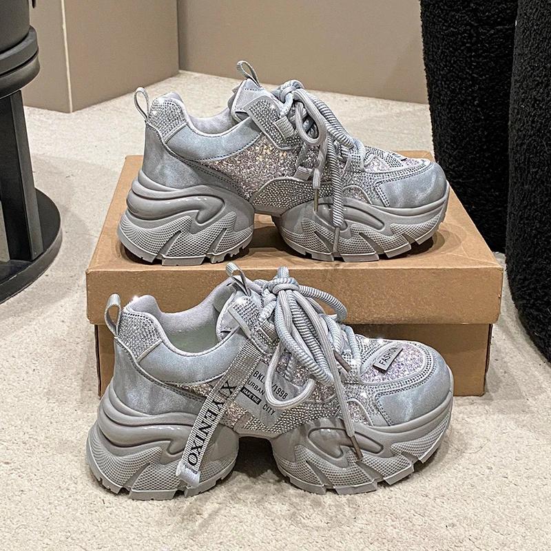 Chaussures décontractées pour femmes en cuir microfibre 6CM, nouvelles baskets épaisses à plateforme