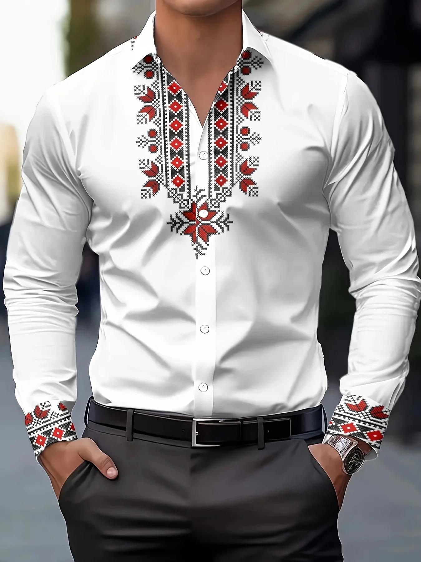 Chemise à manches longues pour hommes, imprimé géométrique, en Polyester respirant, décontracté, rev