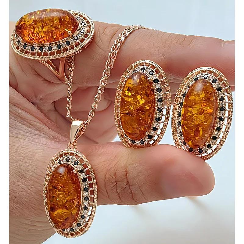 Kinel – bague ovale en ambre pour femmes, boucles d'oreilles, collier, mode 585 couleur or Rose, acc