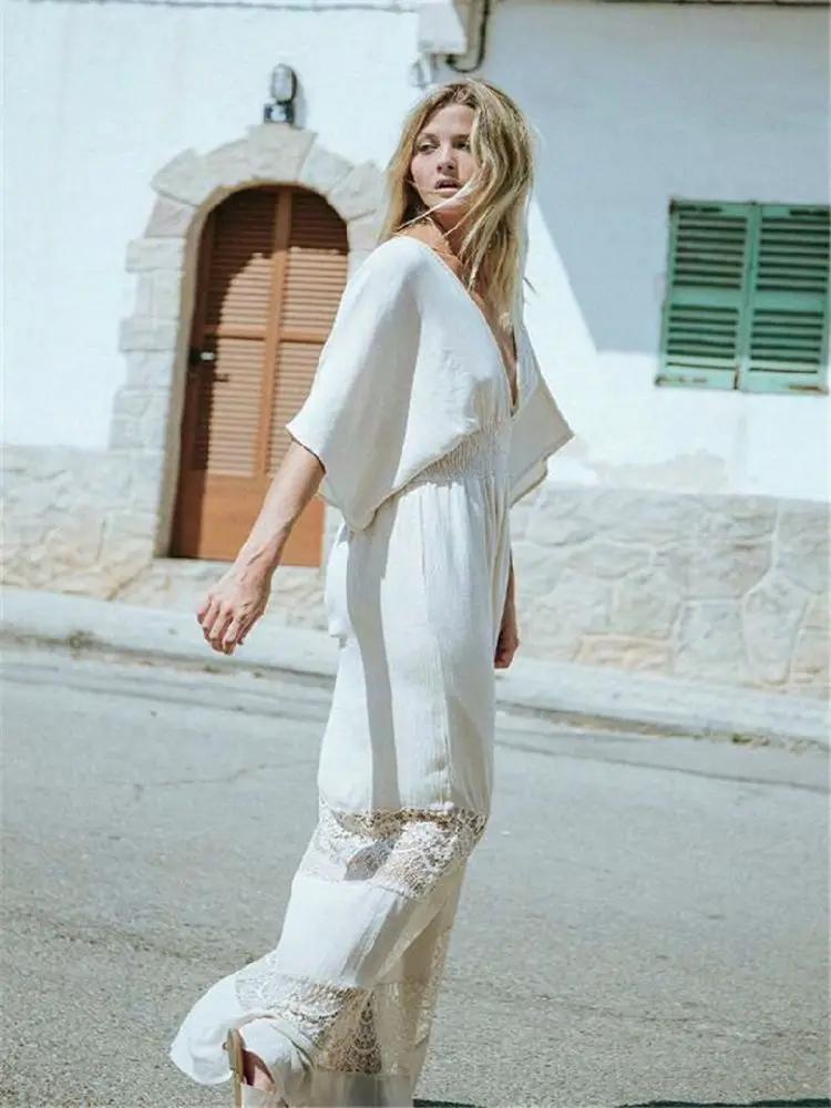 Robe longue d'été en coton blanc pour femmes, style bohème, sexy, décolleté en V profond, demi-manch