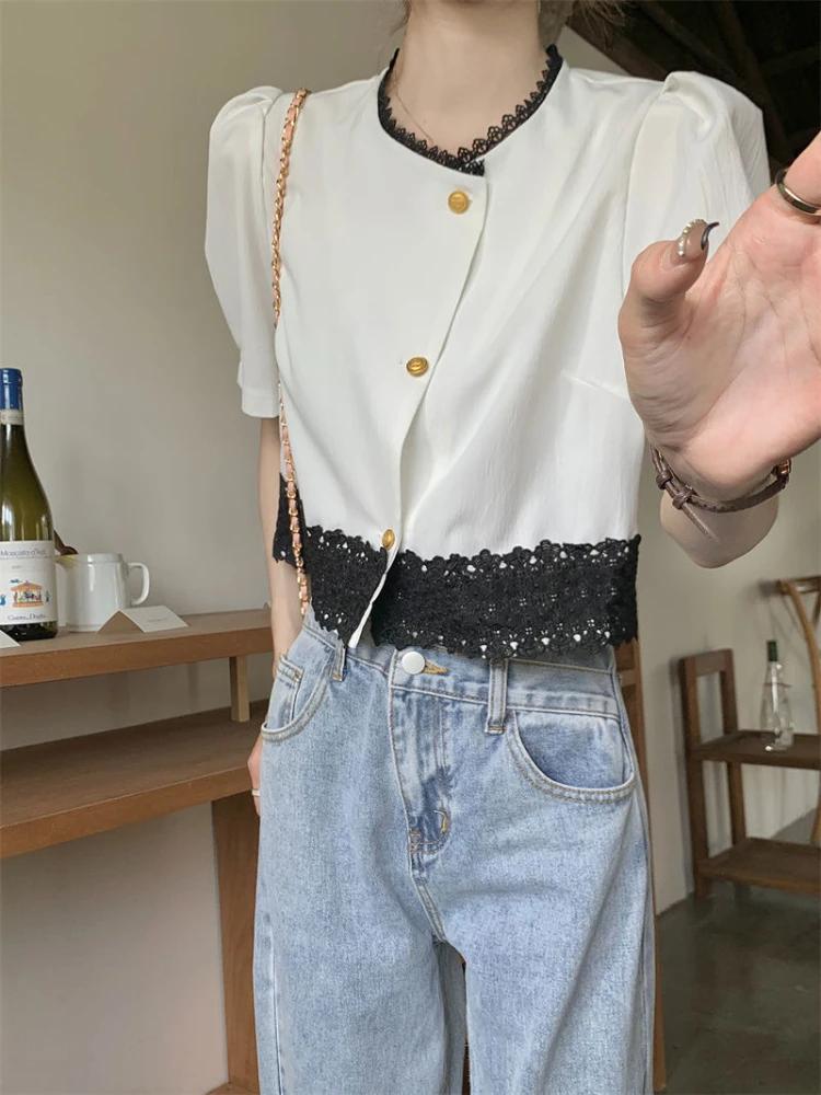 Chemises en dentelle à manches courtes pour femmes, vêtements courts esthétiques élégants, style cor