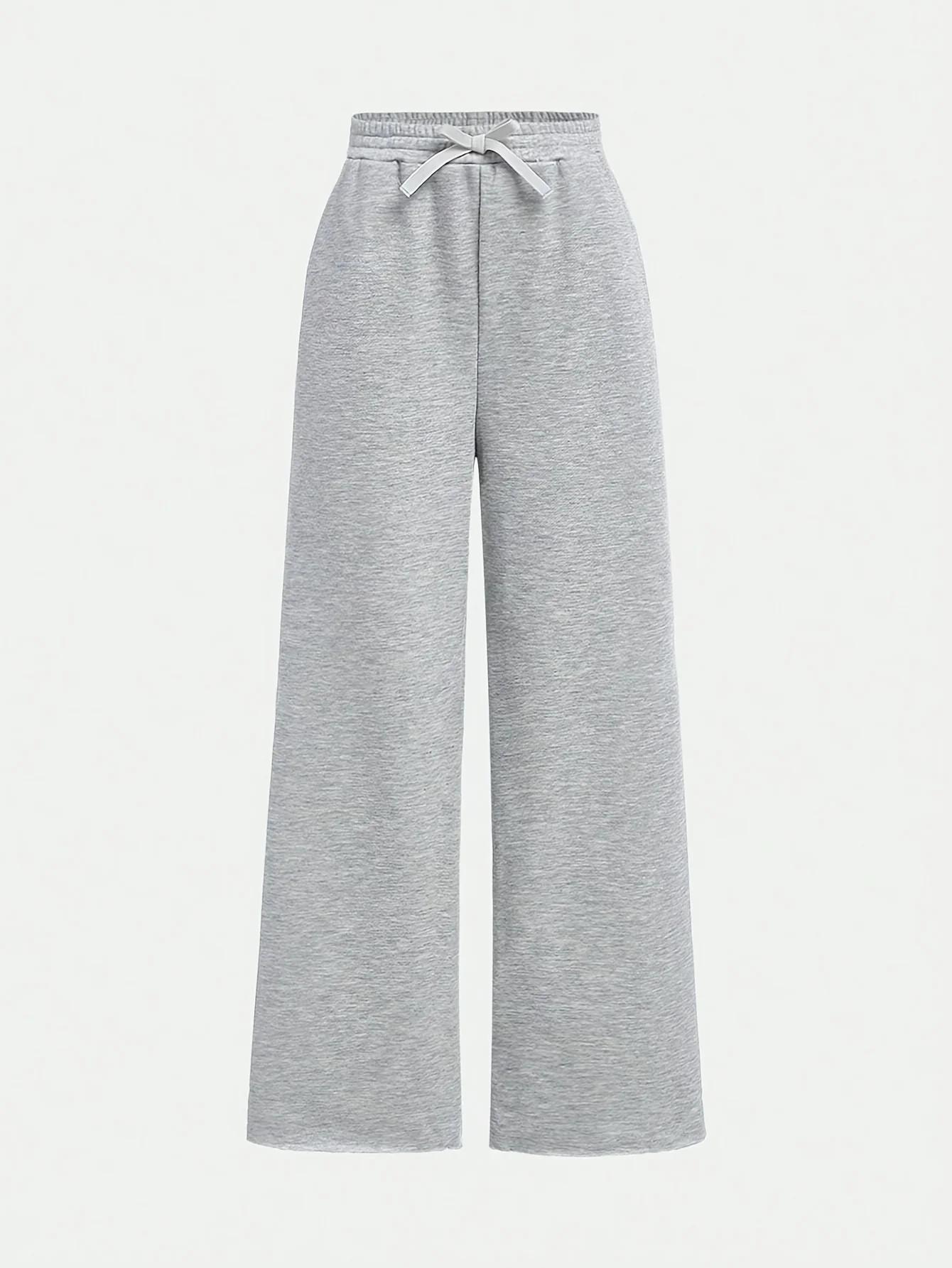 【Ensemble de 2 pièces】 Pantalon ample décontracté à jambes larges en tissu tricoté noir et gris pour
