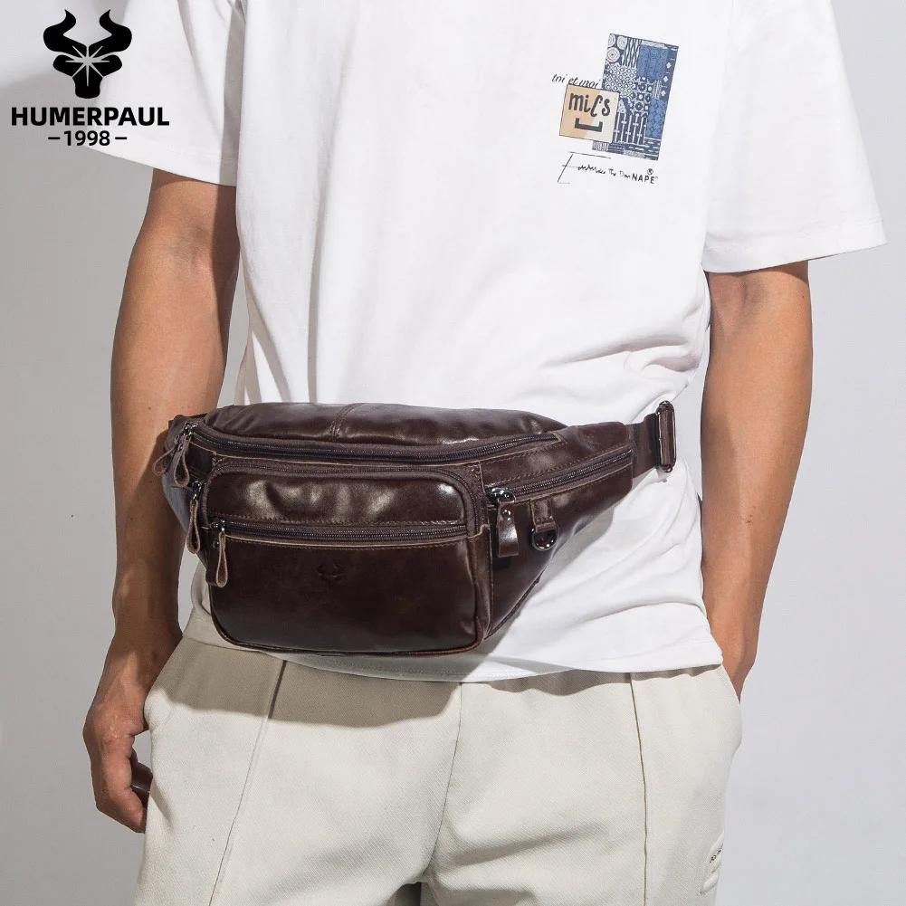 HUMERPAUL-Sac de taille en cuir véritable pour homme, sac banane décontracté, sac de poitrine extéri