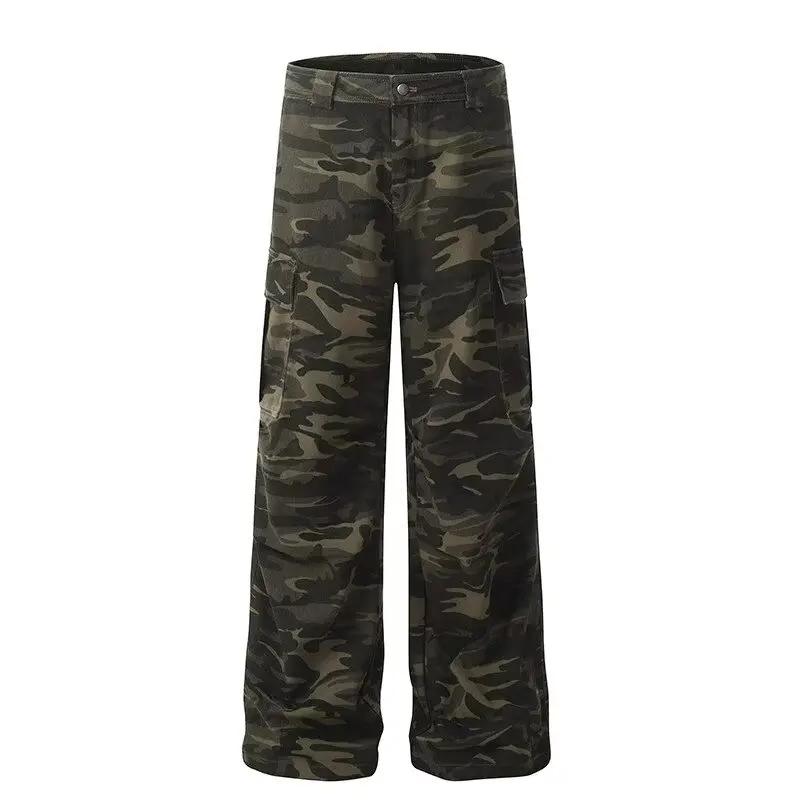 Pantalon de travail camouflage au design délavé rétro américain pour hommes et femmes, jambe droite 