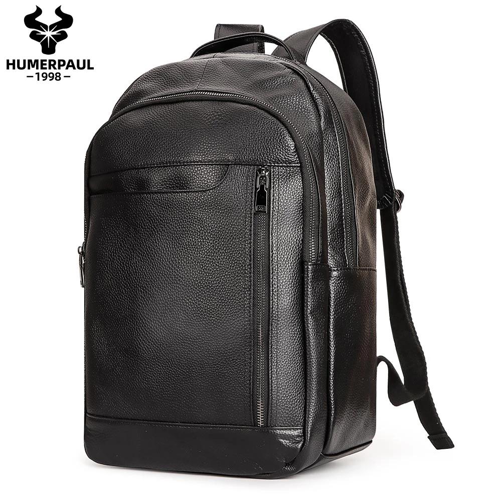 Sac à dos de voyage noir pour hommes, en cuir véritable, pour ordinateur portable, grande capacité, 