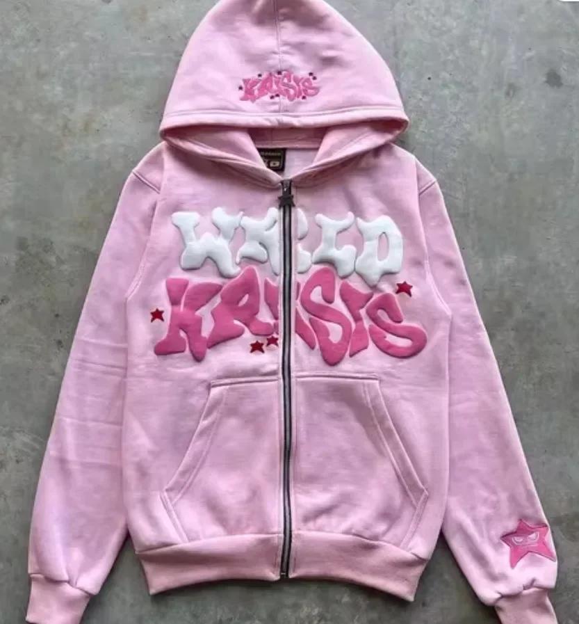Sweat à capuche zippé avec lettres de style américain rétro, unisexe, idéal pour être associé à une 