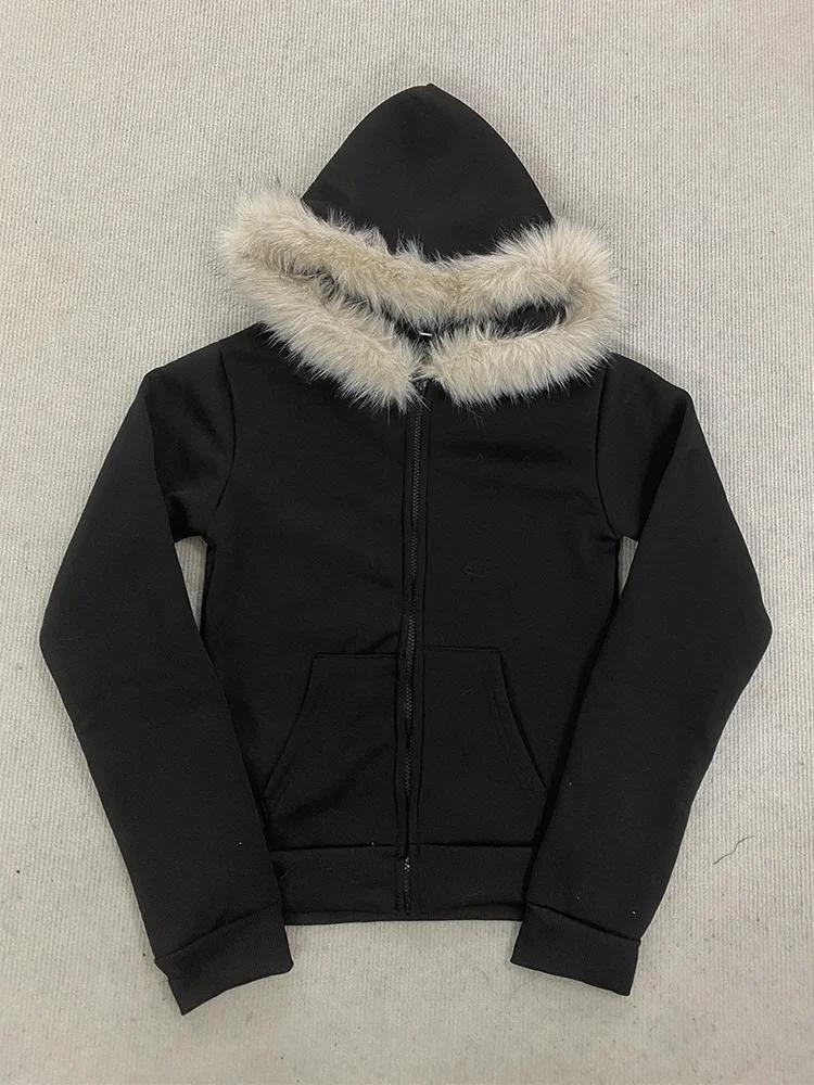 Y2K – sweat à capuche gothique Harajuku pour femmes, Sexy, Slim, Chic, col en fourrure en daim, lett
