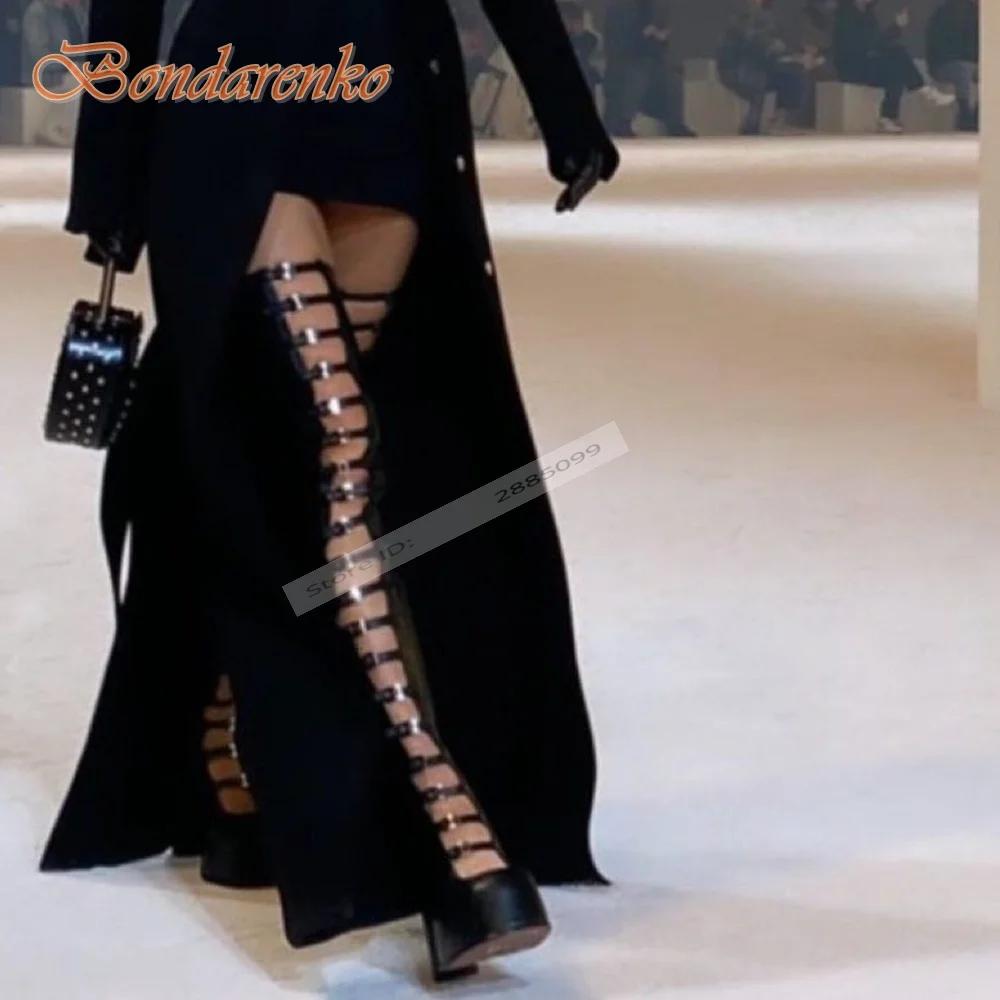 Boucles creuses sangles sandales bottes été dames chaussures concepteur bout rond gros talons hauts