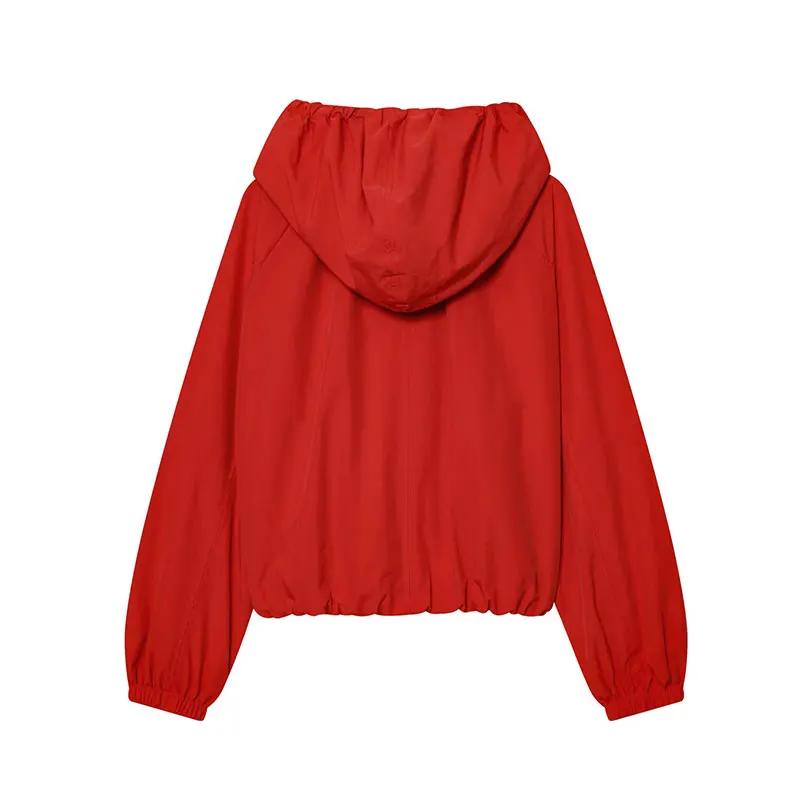 Nlzgmsj 2026 Printemps – Blouson décontracté à capuche rouge pour femme, manteau court zippé à manch