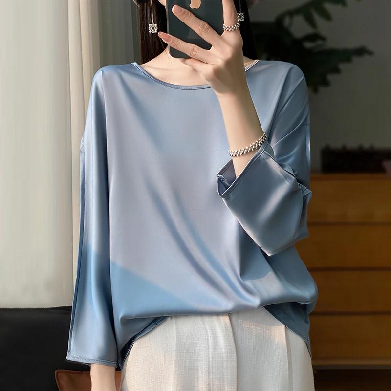 T-shirt à manches trois-quarts pour femmes, chemisier en satin monochrome décontracté, col rond, t-s