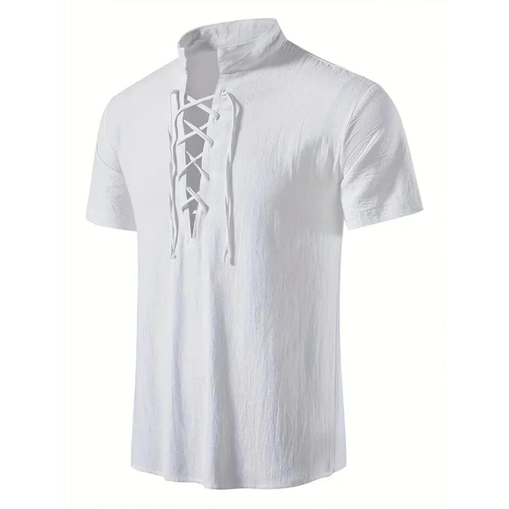 Chemise rétro à manches courtes pour hommes, en coton et lin, légère, respirante, couleur unie, haut