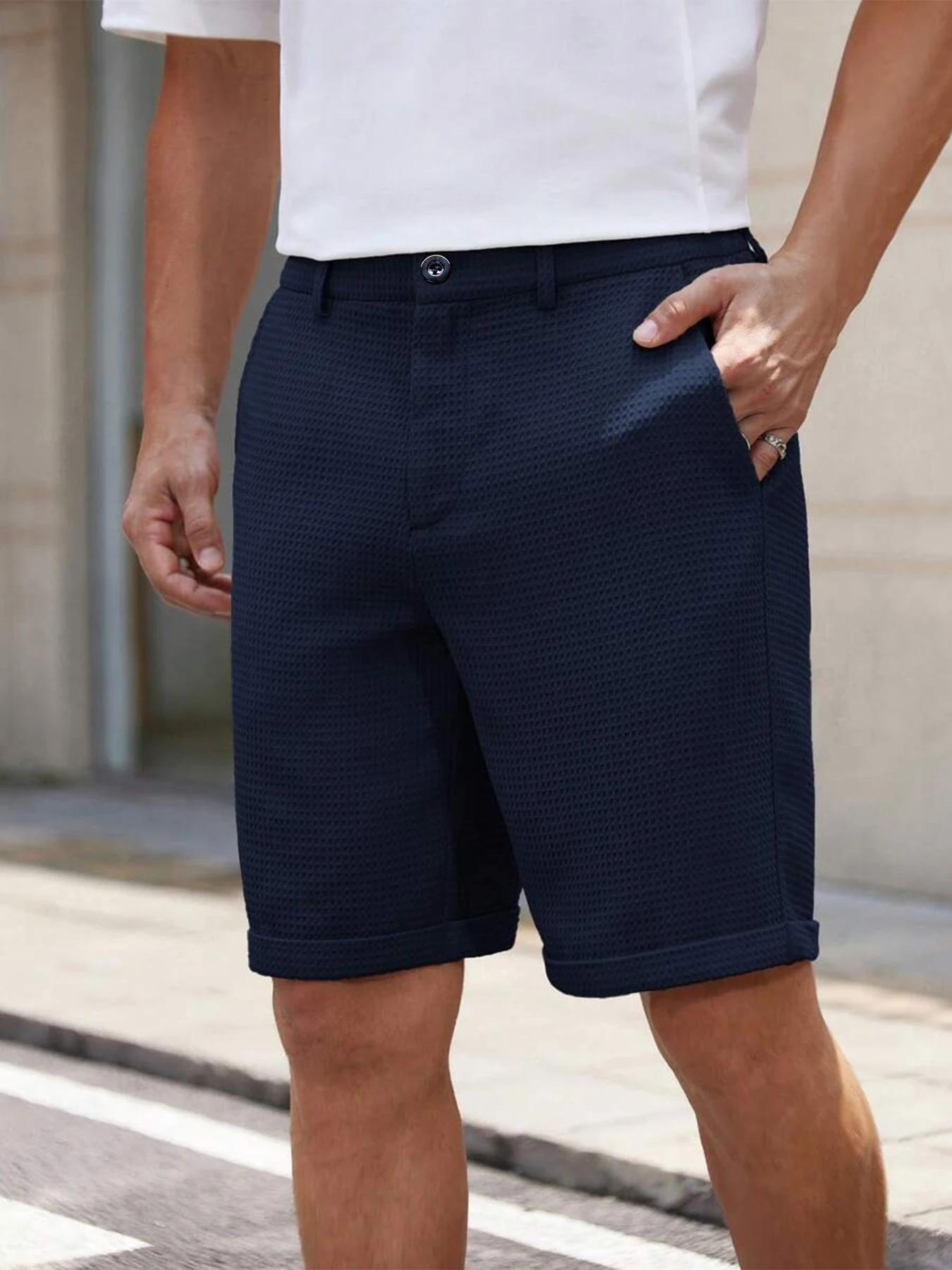 Shorts pour hommes à texture gaufrée, coupe slim, couleur unie, taille à boutons, décontractés d'été