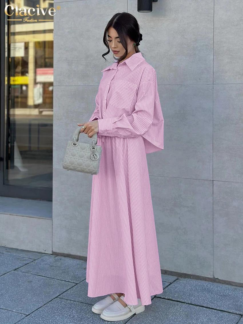 ClacMarkets-Ensemble 2 pièces à rayures roses pour femmes, chemise élégante à manches longues, jupes