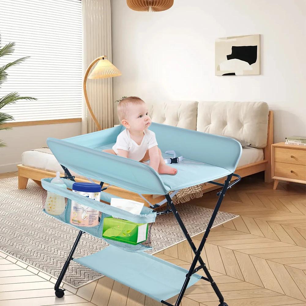 Table à Langer Pliable, Plan à Langer avec Panier Latéral et Roulettes Verrouillables, Meuble pour B