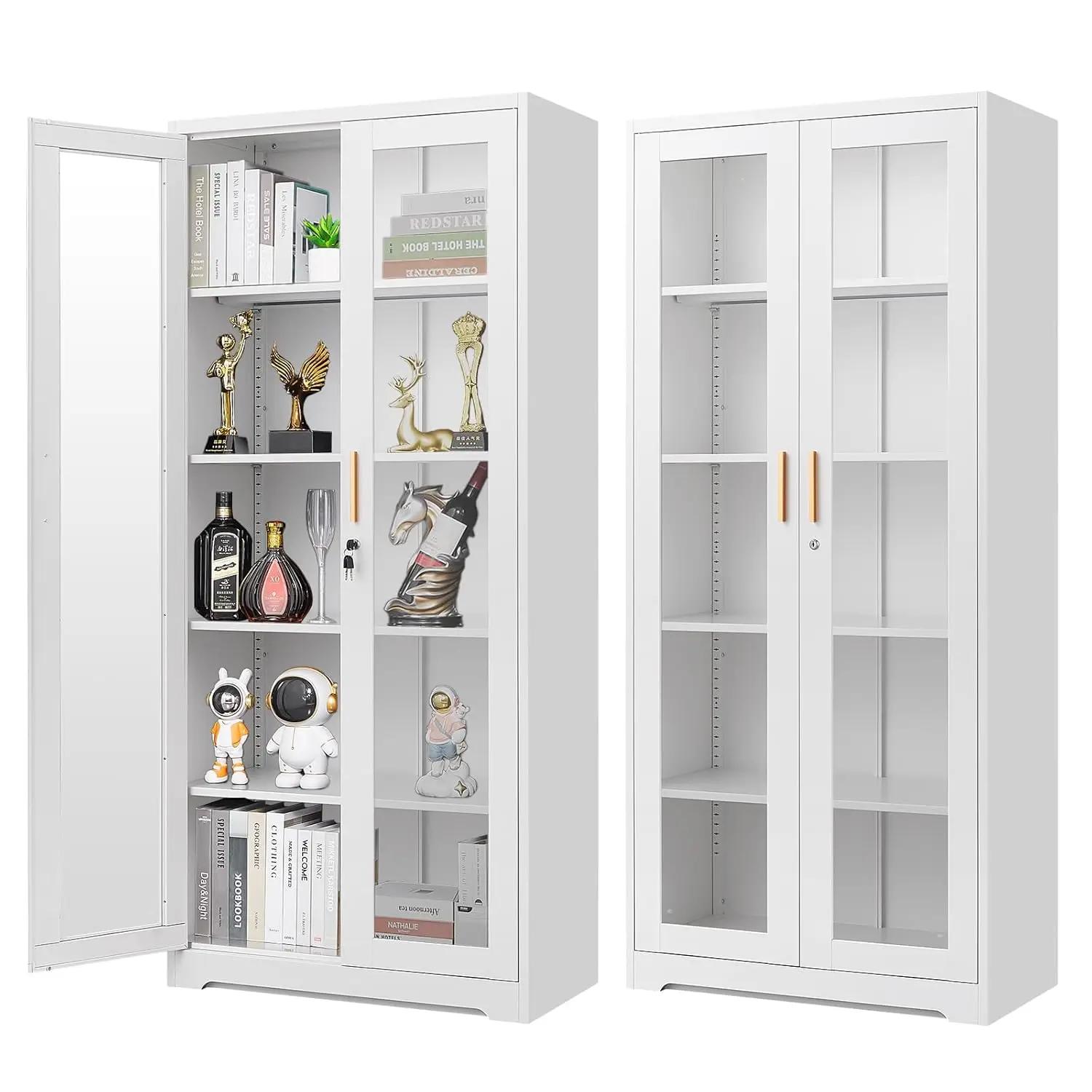 Vitrine avec portes en verre, 71'' de hauteur, avec serrure, en métal et verre, pour objets de colle