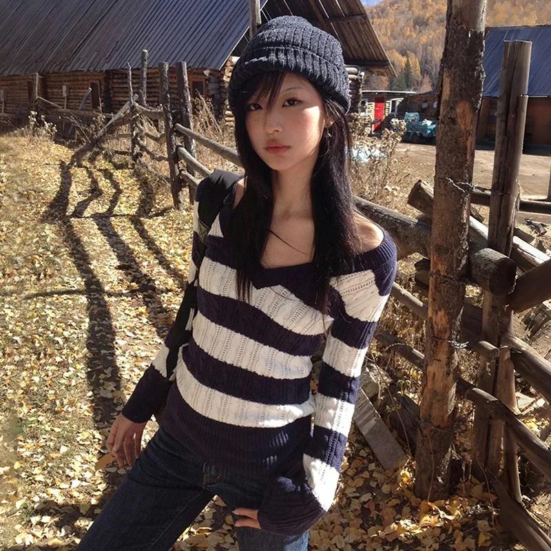 Karrram japonais Y2k col en v rayé pull Vintage Harajuku tricot mince pulls Style coréen hiver trico