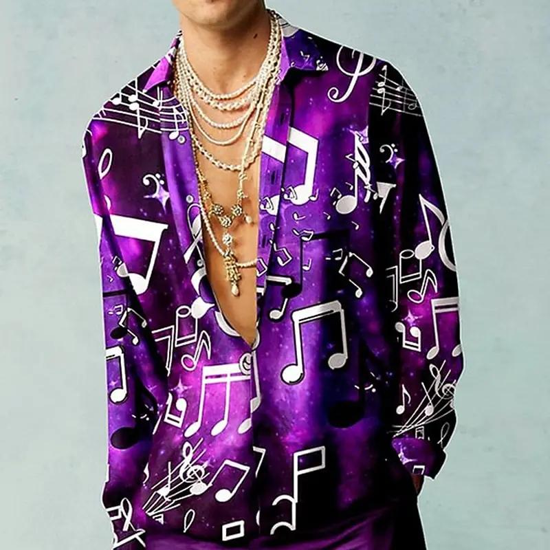 Chemise pour hommes rétro musique motif floral imprimé coupe ajustée rue extérieure à manches longue