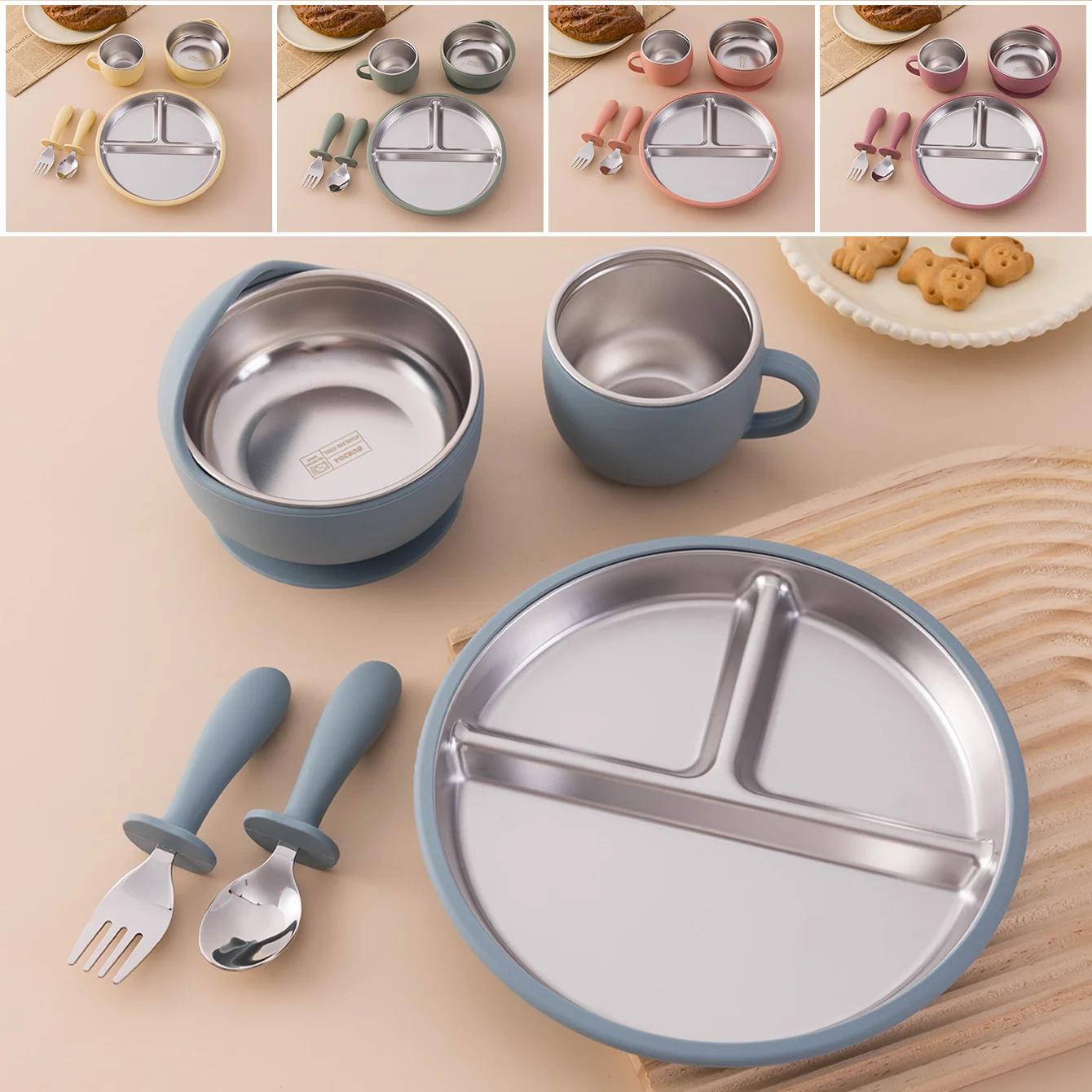 Couleur enfants 5 pièces ensemble d'alimentation pour bébé en acier inoxydable vaisselle en Silicone