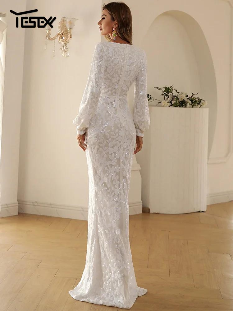 Yesexy 2026 Nouvelle Robe de Soirée Formelle à Col en V et Manches Longues avec Fente pour Mariage, 