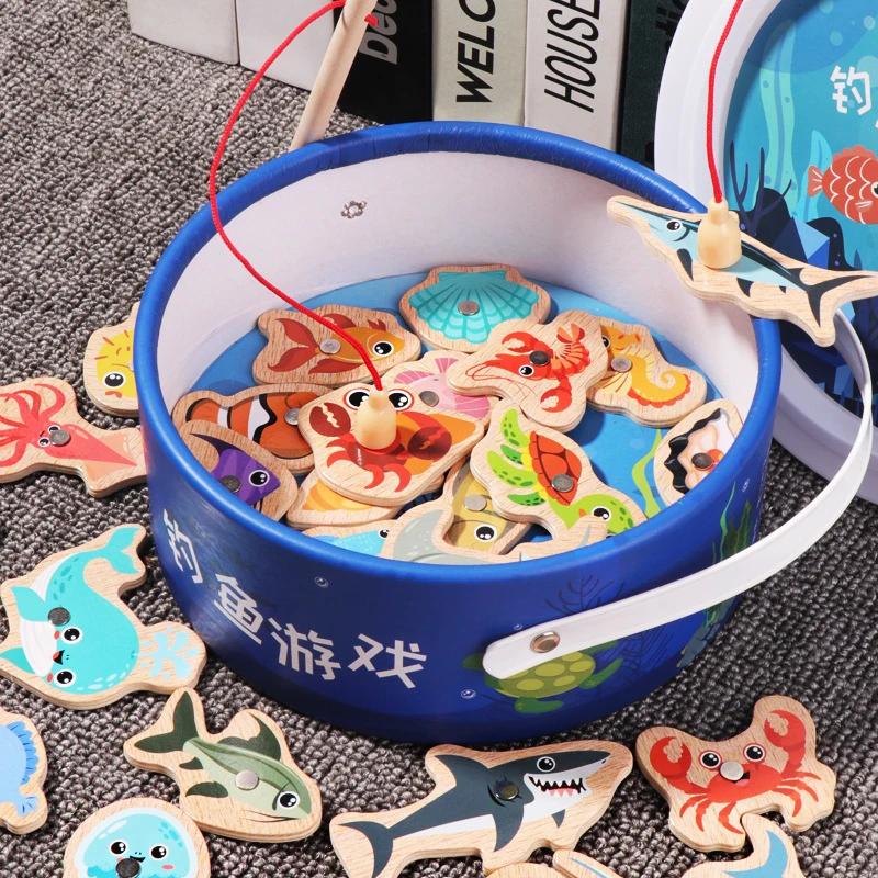 Jouets de pêche magnétiques en bois pour enfants, jeux de poissons cognitifs de la vie Marine, jouet