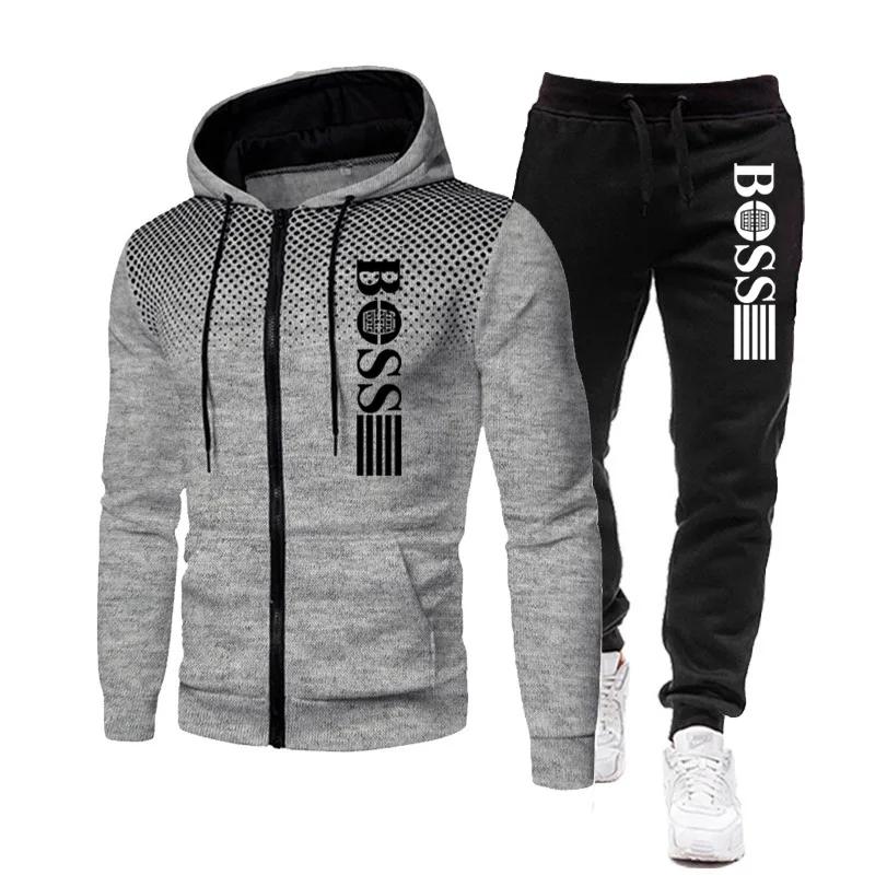 Ensemble deux pièces à capuche et pantalon décontracté pour homme, vêtement de sport chaud et fitnes