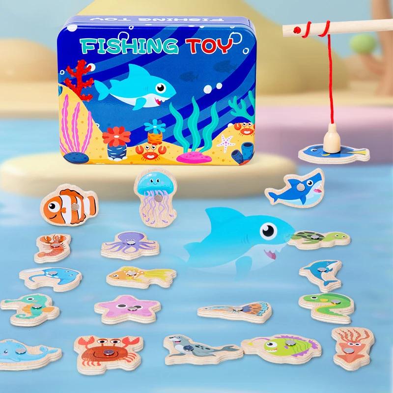 Jouets de pêche magnétiques en bois Montessori, jeux de poissons cognitifs de la vie Marine, jouet é