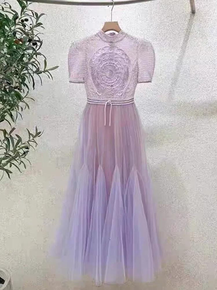 SMTHMA-Robe longue en maille brodée pour femme, col rond, manches courtes, patchwork, robes élégante