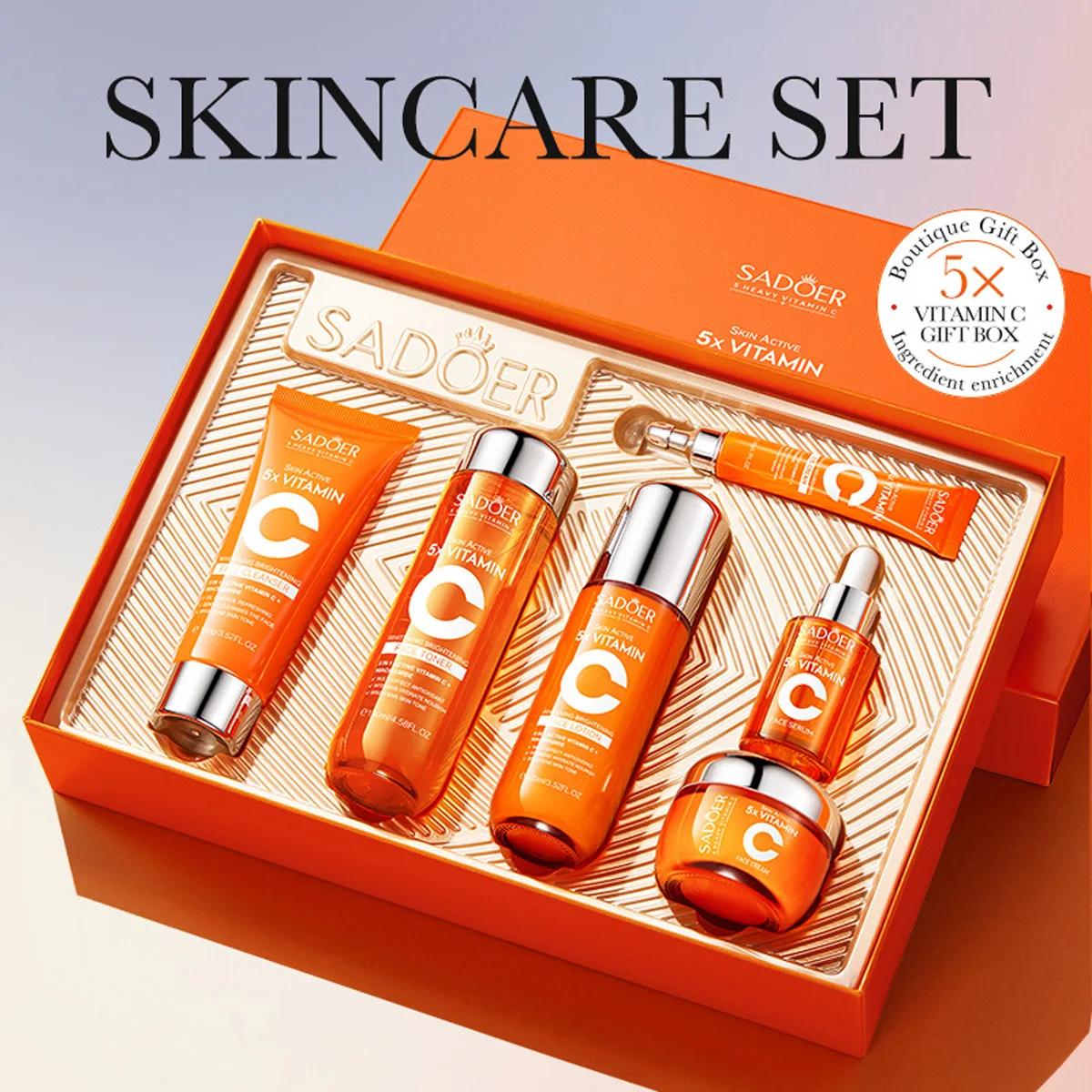 Coffret cadeau de 6 pièces pour soins de la peau à la vitamine C, blanchissant, éclaircissant, hydra