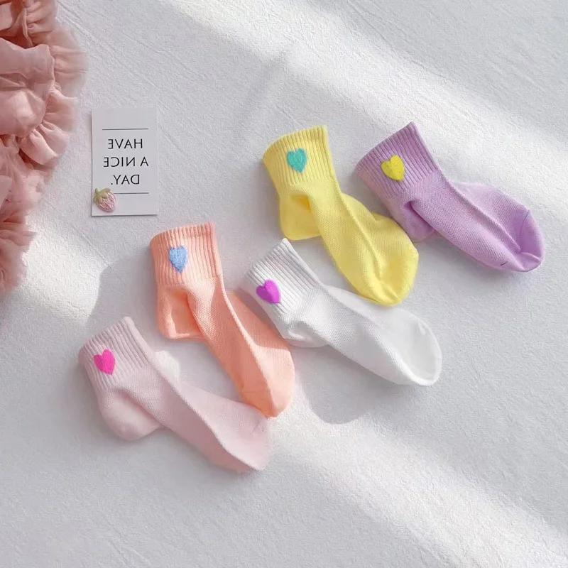 5 paires de chaussettes pour filles, motif en forme de cœur, maille respirante et confortable pour e